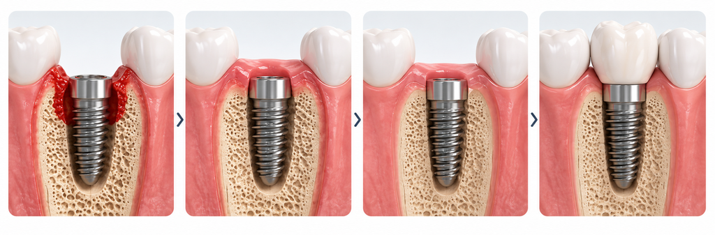 Dental implant process illustration from initial placement to final crown securing in jawbone.