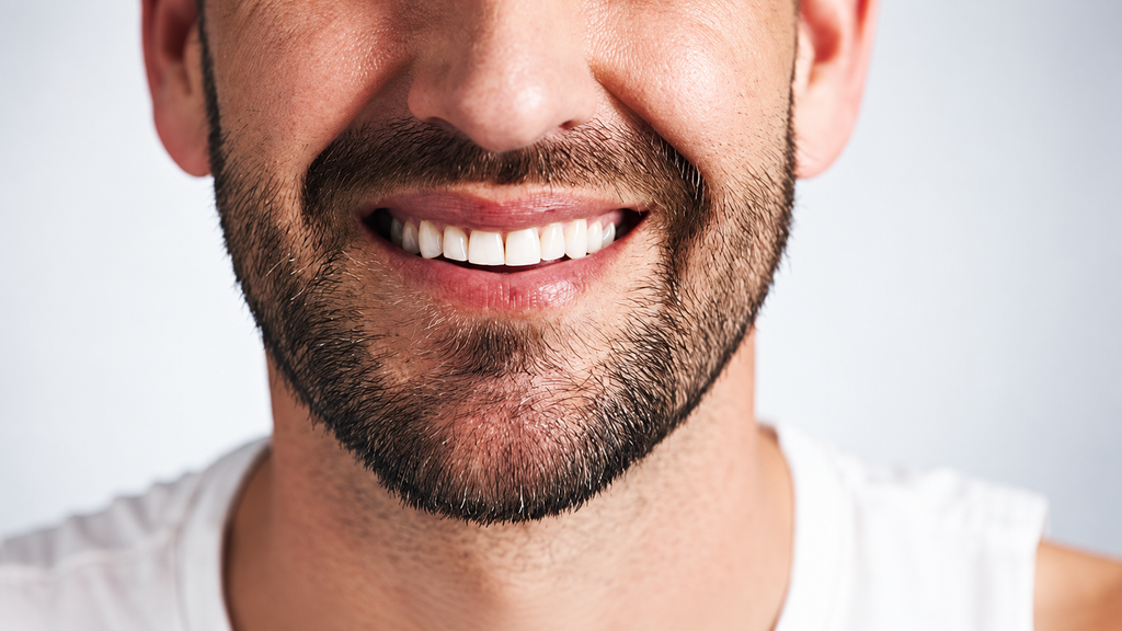 Close-up of a smiling bearded man's mouth showing clean, white teeth against a light background.