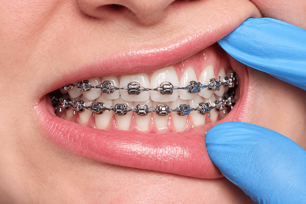 Smiling person with braces at a dentist office, seated in a dental chair.