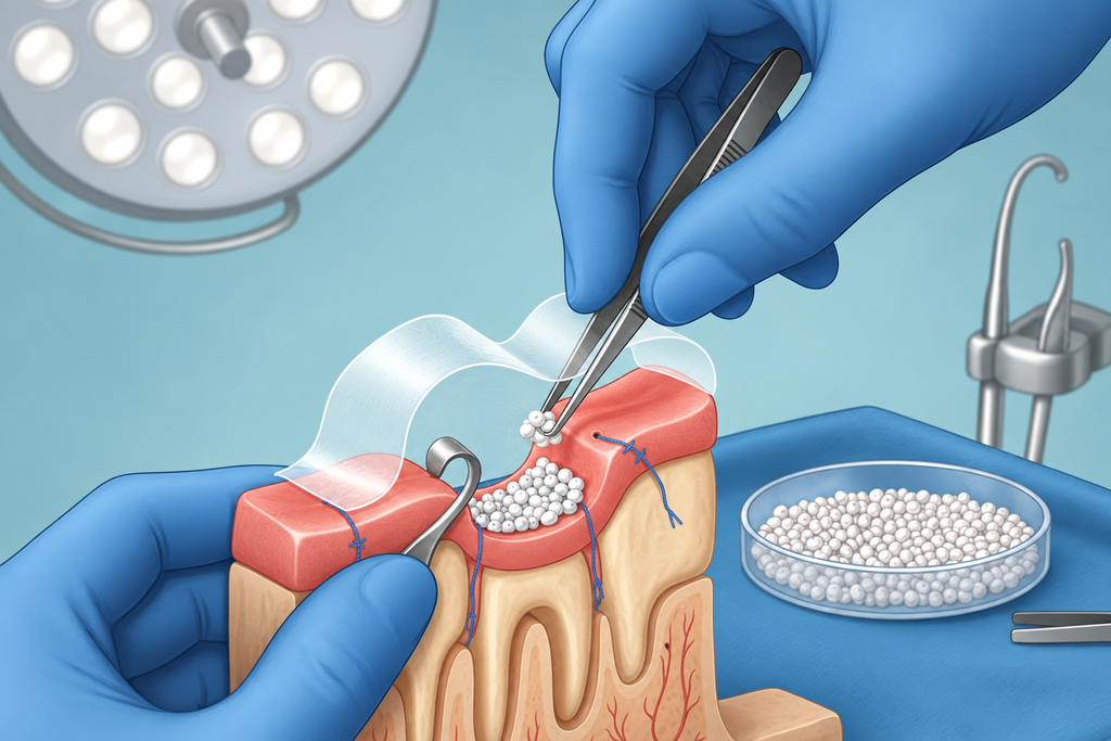 Surgical procedure on gum with bone graft material placement, dental tools, and sterile environment.